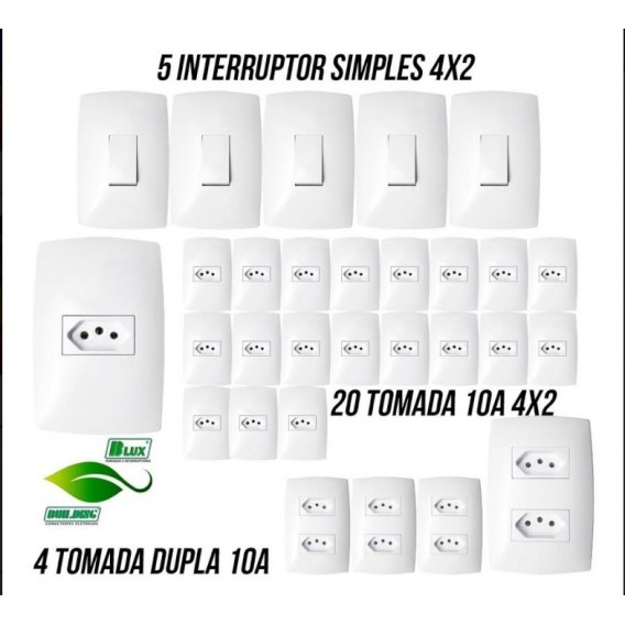 Kit 20 Tomadas + 5 Interruptores + 4 Dupla Completa Blux (HOME BRANCA) Kit 20 Tomadas + 5 Interruptores + 4 Dupla Completa Blux (HOME BRANCA)
